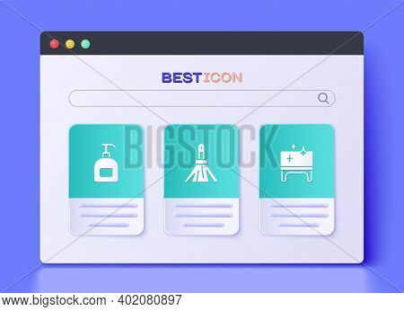 Set Handle Broom, Bottle Of Liquid Soap And Clean Table Icon. Vector
