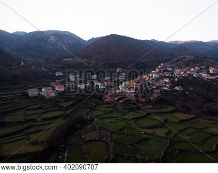 Aerial Panorama Of Idyllic Mountain Village Town Gavieira Agriculture Terraces Arcos De Valdevez Nor