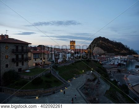 Panoramic View Of Fishing Village Harbour Coastal Town Getaria Guetaria On Urola Coast Gipuzkoa Basq