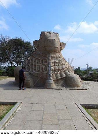 Closeup Of Beautiful Huge Or Big Lord Shiva Vehicle Nandi, Basava In A Blue Sky Background