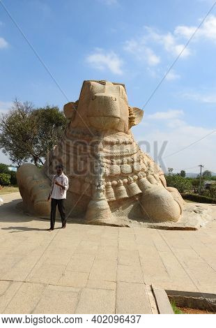 Closeup Of Beautiful Huge Or Big Lord Shiva Vehicle Nandi, Basava In A Blue Sky Background