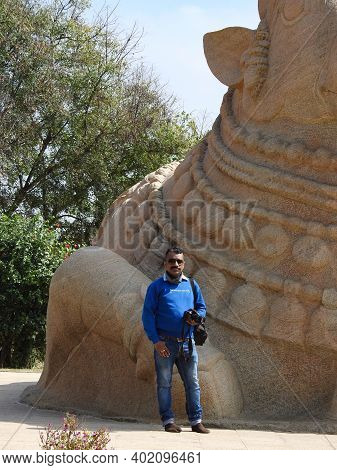 Closeup Of Beautiful Huge Or Big Lord Shiva Vehicle Nandi, Basava In A Blue Sky Background