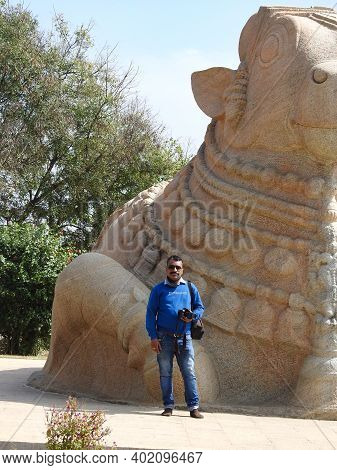 Closeup Of Beautiful Huge Or Big Lord Shiva Vehicle Nandi, Basava In A Blue Sky Background