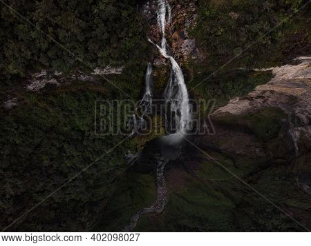 Aerial Panorama Of Catarata Del Gocta Waterfall Cataract Cascade In Bongara Amazonas Near Chachapoya
