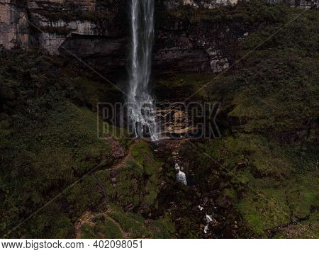 Panoramic View Of Catarata Del Gocta Waterfall Cataract Cascade In Bongara Amazonas Near Chachapoyas