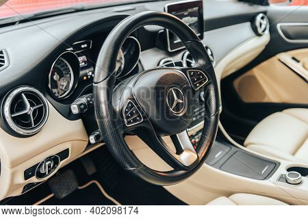 Moscow, Russia-november 26, 2020: Black Mercedes Benz Gla 250, Close-up Of A Light Leather Interior.