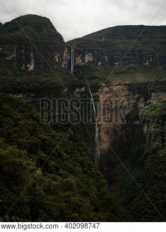 Panoramic View Of Catarata Del Gocta Waterfall Cataract Cascade In Bongara Amazonas Near Chachapoyas