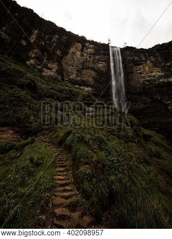 Panoramic View Of Catarata Del Gocta Waterfall Cataract Cascade In Bongara Amazonas Near Chachapoyas