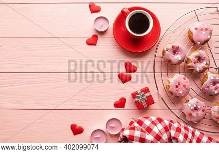 Valentines Day Brackfast With Coffe And Donuts Isolated On Pink Wooden Background