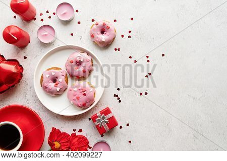 Heart Shaped Donut With Strawberry Glaze - Valentines Day Concept, Selective Focus