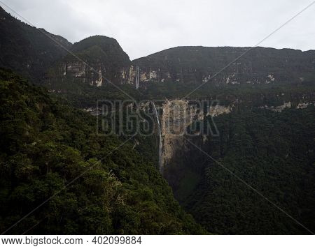 Panoramic View Of Catarata Del Gocta Waterfall Cataract Cascade In Bongara Amazonas Near Chachapoyas