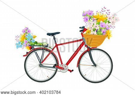 Bicycle With A Flower Wicker Basket Isolated On White Background. Romantic Red Bicycle Carrying A Bo