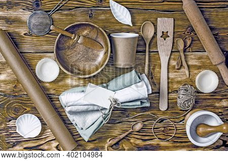 Kitchen Utensils, Dishes, Textiles From Ecological Materials Flat Lay, Top View. Supporting The Envi