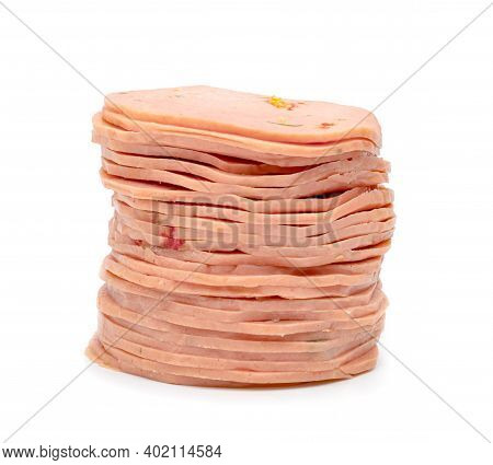 Closeup Bologna Sliced Isolated On White Background