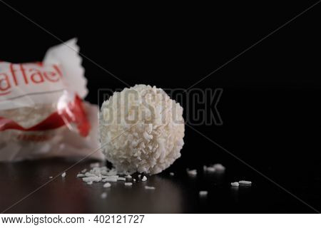 Ferrero Raffaello White Candy With Coconut Flakes Isolated.  Bucharest, Romania, 2021