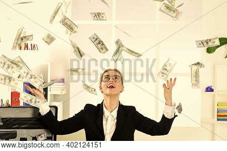 Money For Happiness. Cash Flow. Passive Income. Woman Enjoy Money Falling From Above. Passive Income