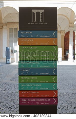 Turin, Italy - September 2020: Information Bulletin Board Of The University Offices Inside The Recto