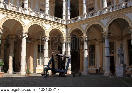 Turin, Italy - September 2020: Baroque Arcades In The Inner Courtyard Of The Rectory Building In Cen