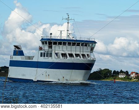 Small Ferry Boat Sailing Between Islands In Denmark As Maun Transportation
