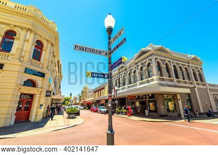 Fremantle, Western Australia - Jan 2, 2018: Street Lamp And Sign In High Street The Main Street Of F