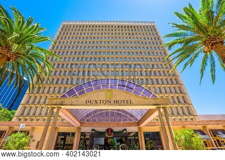 Perth, Western Australia, Australia - Jan 3, 2018: Main Facade Of Duxton Hotel, A Luxury 5-star Hote