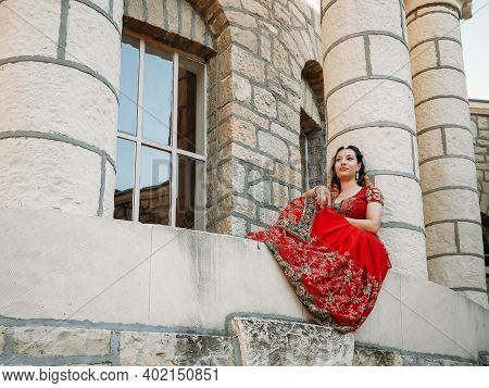Beautiful Ethnic Indian Saree. Young Woman In Red, Colorful, Sensual, Wedding And Very Feminine Outf