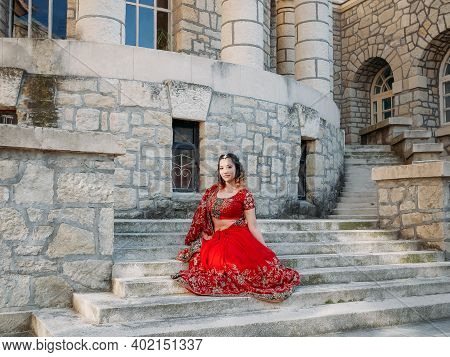 Beautiful Ethnic Indian Saree. Young Woman In Red, Colorful, Sensual, Wedding And Very Feminine Outf