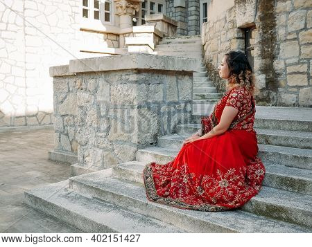 Beautiful Ethnic Indian Saree. Young Woman In Red, Colorful, Sensual, Wedding And Very Feminine Outf
