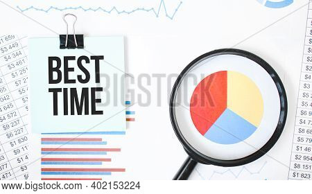 Green Card On The White Notepad And Magnifier On The Financial Documentation. Text Best Time. Busine