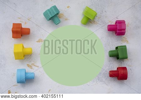 Mock Up Background Educational Constructor For Children, Nuts And Bolts In The Form Of Geometric Sha