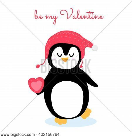 Cute Happy Penguin In Pink Knitted Hat With Heart In His Arm. Be My Valentine Text. Valentines Day P
