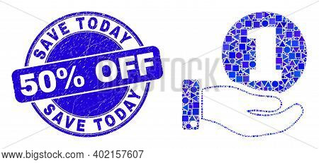 Geometric Coin Donation Hand Mosaic Pictogram And Save Today 50 Percent Off Seal Stamp. Blue Vector 