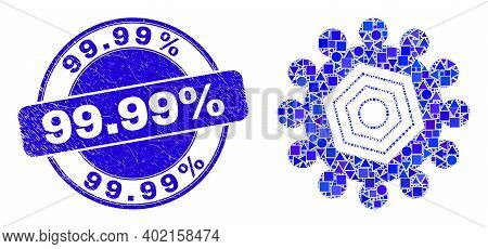 Geometric Gear Mosaic Icon And 99.99 Percent Stamp. Blue Vector Rounded Scratched Seal Stamp With 99