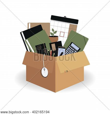 Concept Of Moving To New Office. Cardboard Brown Box 3d With Folders,wall Calendar, Pen,pencils, Per