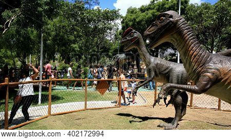 Salvador, Bahia, Brazil - January 6, 2021: People Are Seen During A Visit To The Lagoa Dos Dinossaur