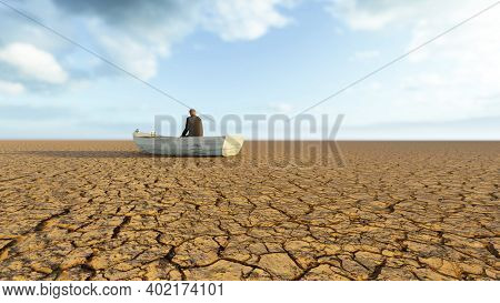 Concept or conceptual desert landscape with a man in a boat as a metaphor for global warming and climate change. A warning for the need to protect our environment and future 3d illustration