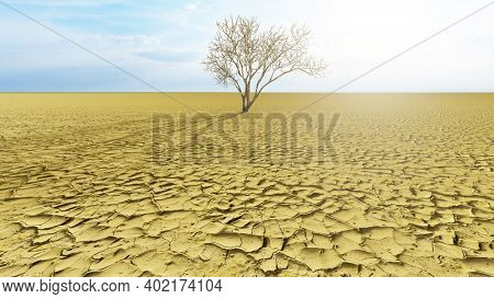 Concept or conceptual desert landscape with a parched tree as a metaphor for global warming and climate change. A warning for the need to protect our environment and future 3d illustration