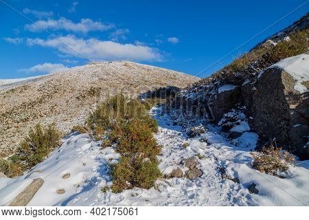 Winter landscape with snow in mountains of Serra do Geres natural park, Portugal