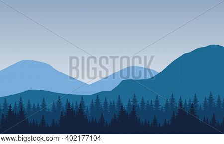 Nice Scenery Of Trees And Mountains In The Morning. City Vector