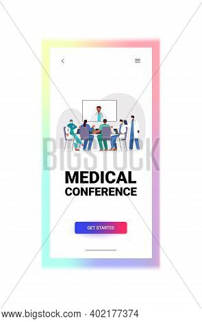 Team Of Doctors Having Video Conference Mix Race Medical Specialists Discussing At Round Table Medic