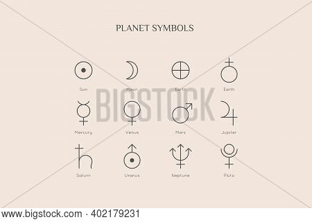 Planet Symbol Icons In Minimal Trendy Liner Style. Vector Astrological Sign: Sun, Moon, Earth, Mercu
