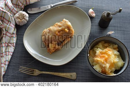 Cabbage Rolls With Meat, Rice And Vegetables. Stuffed Cabbage Leaves With Meat And Mashed Potatoes S