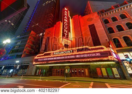 Boston, Massachusetts - Nov 27, 2020: The Paramount Theater, Along Washington Street In Boston, Mass