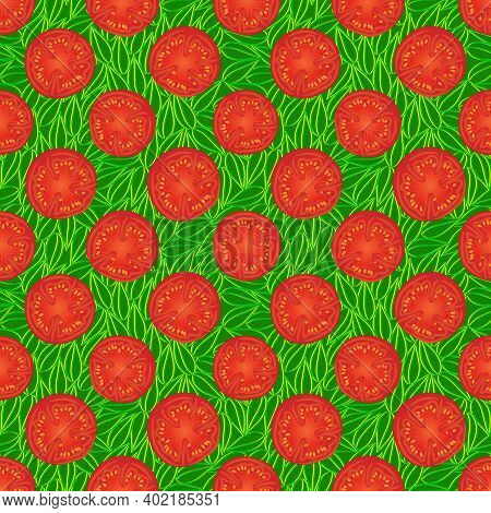 Seamless Vector Background Pattern Of Sliced Tomatoes On Green Leaves On Square Format Suitable For 