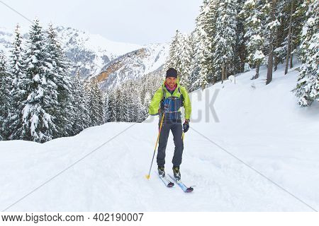 Hiking Ski Uphill Alone In The Alps