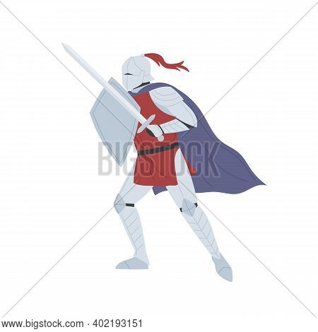 Brave Medieval Knight In Full Body Armor Vector Flat Illustration. Historical Warrior Holding Sword 