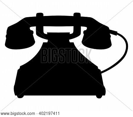 Antique Rotary Dial Telephone With A Wire. Vector Silhouette Illustration