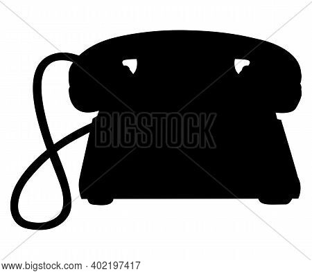 Antique Rotary Dial Telephone With A Wire. Vector Silhouette Illustration
