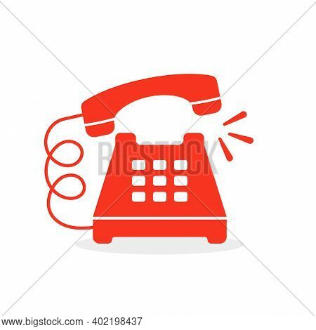 Red Vintage Ringing Phone Icon. Concept Of Easy 24 7 Customer Support Or Client Help Desk And Hotlin