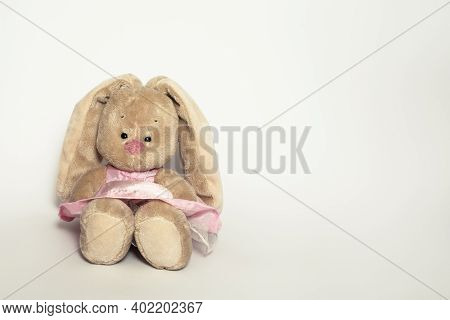 Fluffy, Cute Little Toy Rabbit Hare In Pink Dress On White Background With Copy Space